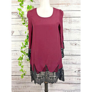 May & July Tunic Blouse sz Small Plum Black Lace Peasant Boho Lace Lagenlook